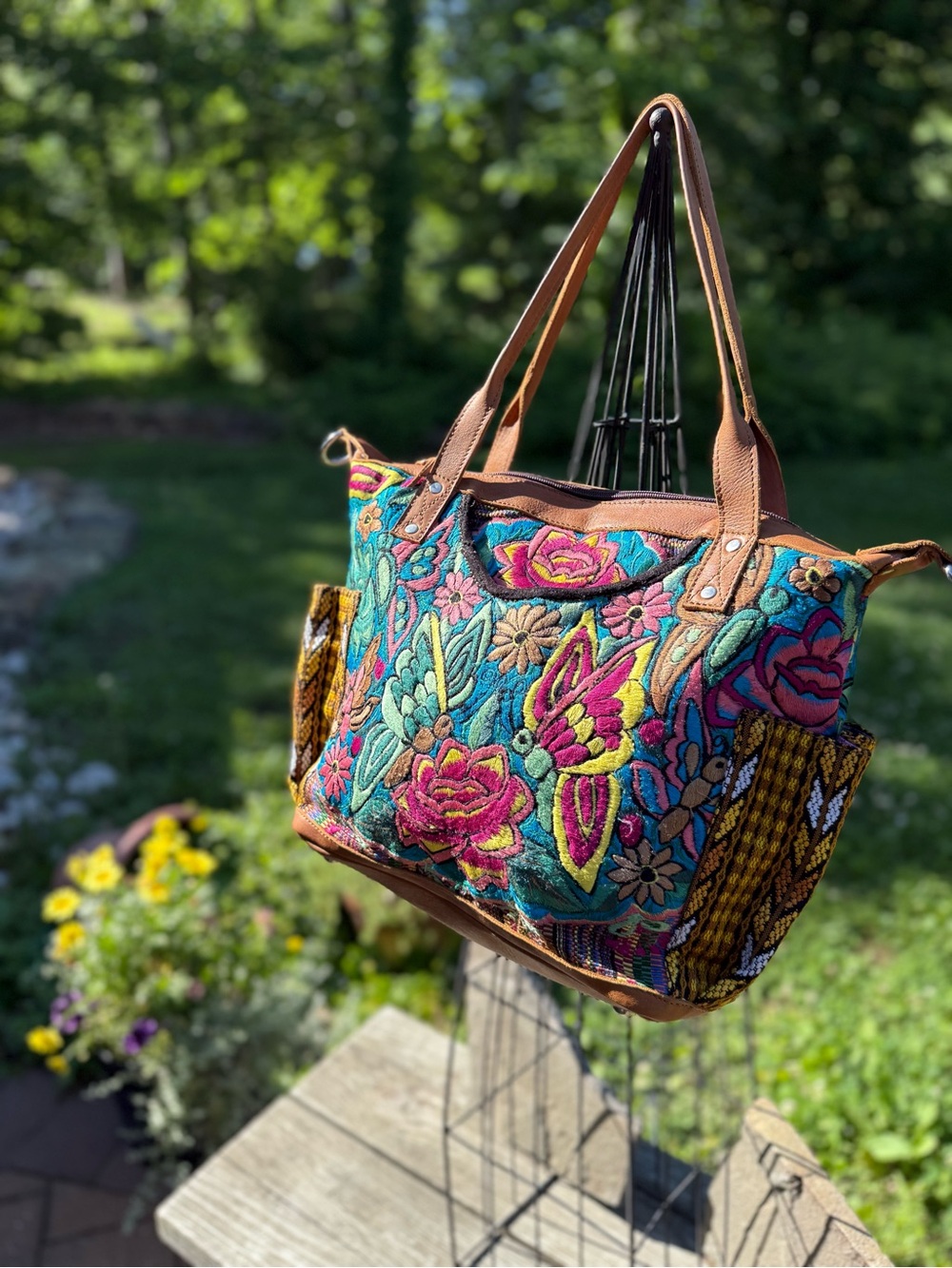 Boho Embroidered Floral Tote Bag - Brown Leather Handles